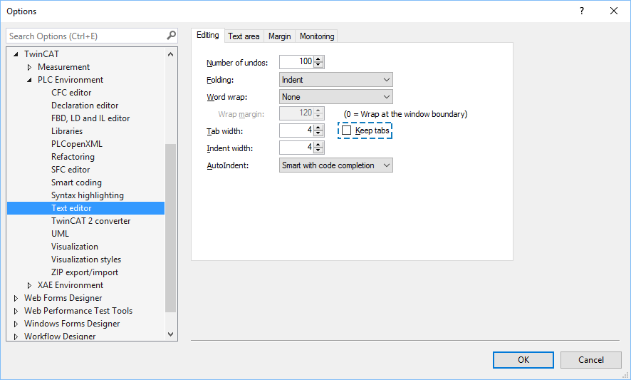 TwinCAT text editor settings